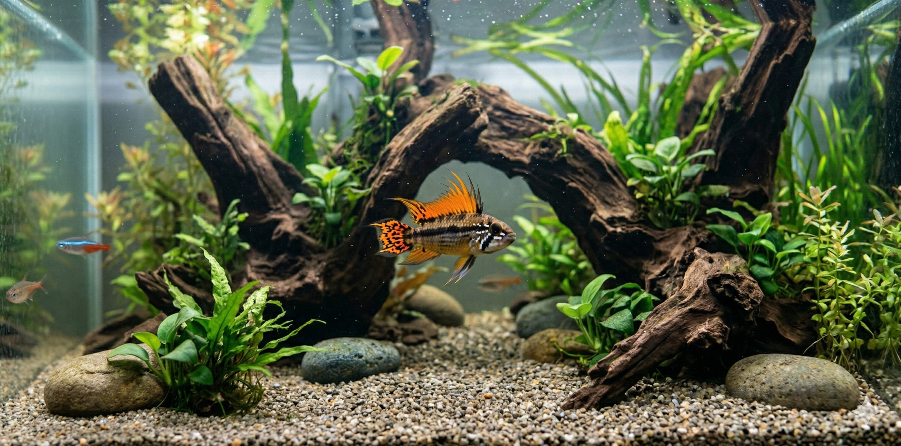 This is a detailed close-up of a male Apistogramma cacatuoides (also known as the Cockatoo Dwarf Cichlid) in a realistic planted aquarium. It shows the fish's distinct orange and black dorsal fin extensions, the black and white stripes on its face, and its unique tail pattern.