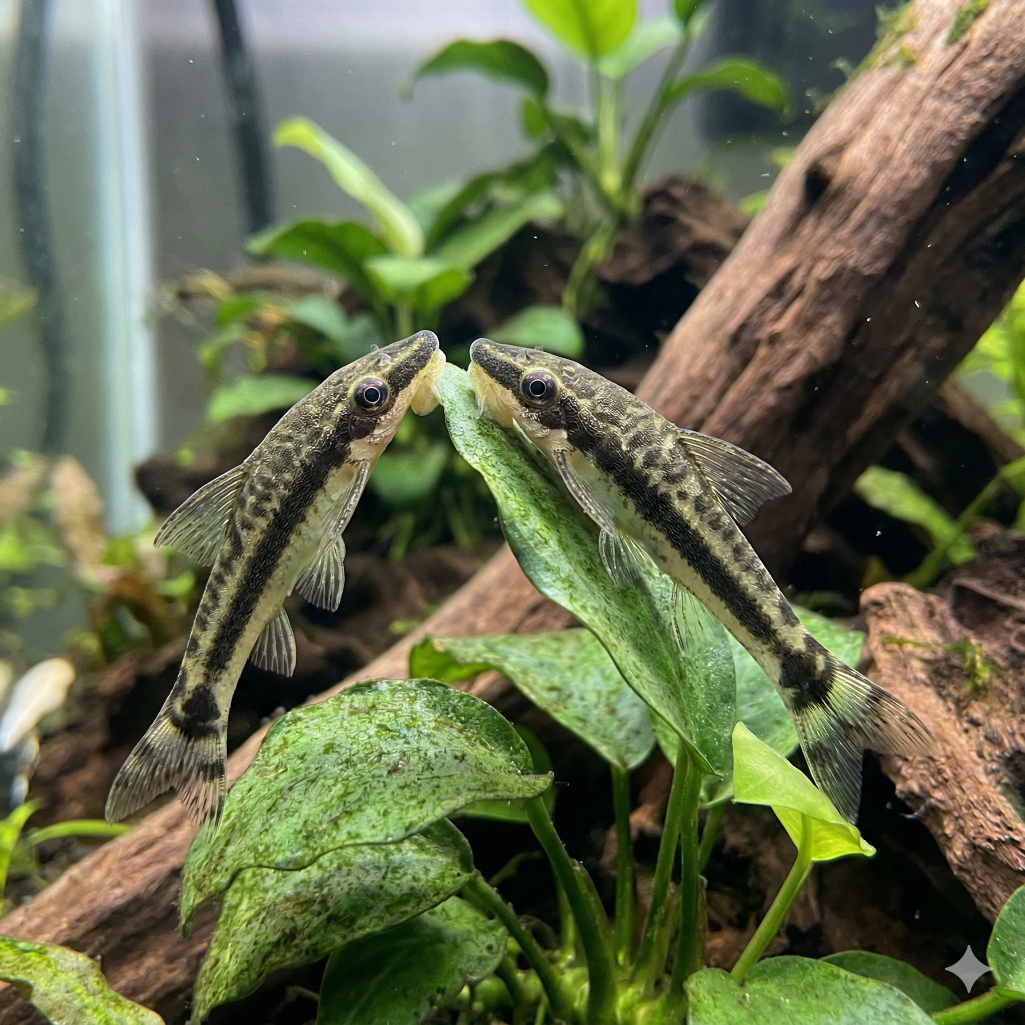 A realistic, cinematic panoramic photograph (2:1 ratio) of a detailed Nature Aquarium aquascape. Multiple Otocinclus spp. catfish, maintaining the exact visual style of image_10.png, are active throughout the expansive tank. Some are on natural branching driftwood and smooth river stones, and a small school is visible grazing on a lush carpet of aquatic plants. The fine sandy substrate and natural lighting filtering through the water surface are clearly defined.