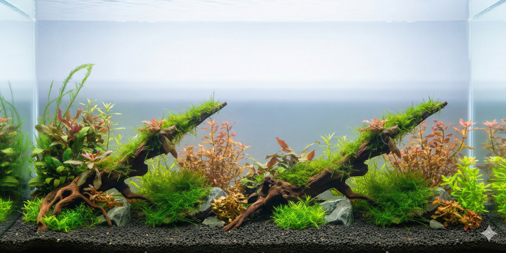A text-free, fish-free aquascape background image designed for a virtual aquarium. The scene features a serene underwater landscape with driftwood, aquatic plants, and dark substrate, providing a clear open water area for digital fish animations.