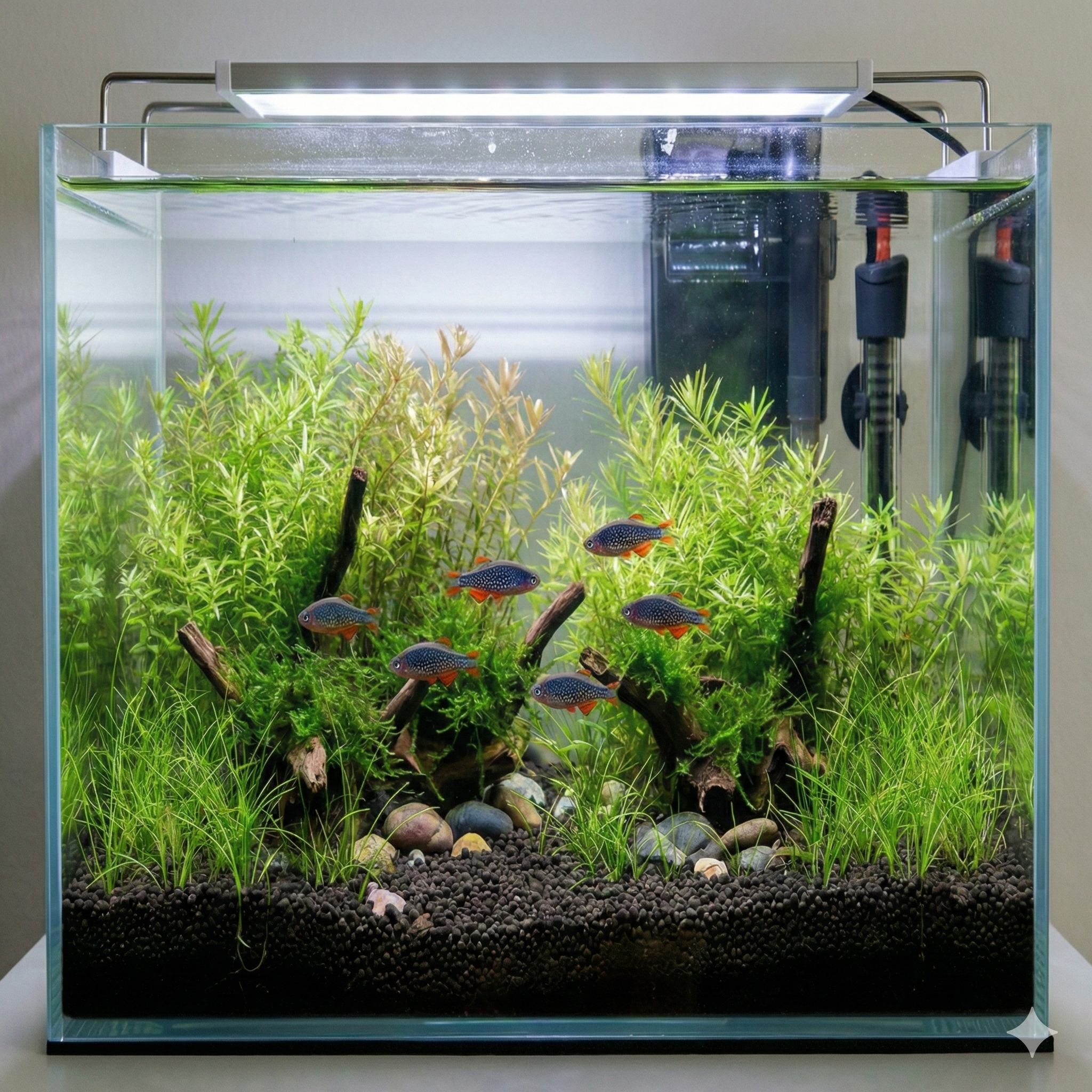 A wide-angle photograph of a 20-liter nano aquarium with 6 vibrant Celestial Pearl Danios (Danio margaritatus) schooling in a lush, planted aquascape. The tank features fine-leaved plants, moss on driftwood, and dark soil substrate. A filter and heater are visible in the background under a slim LED light.