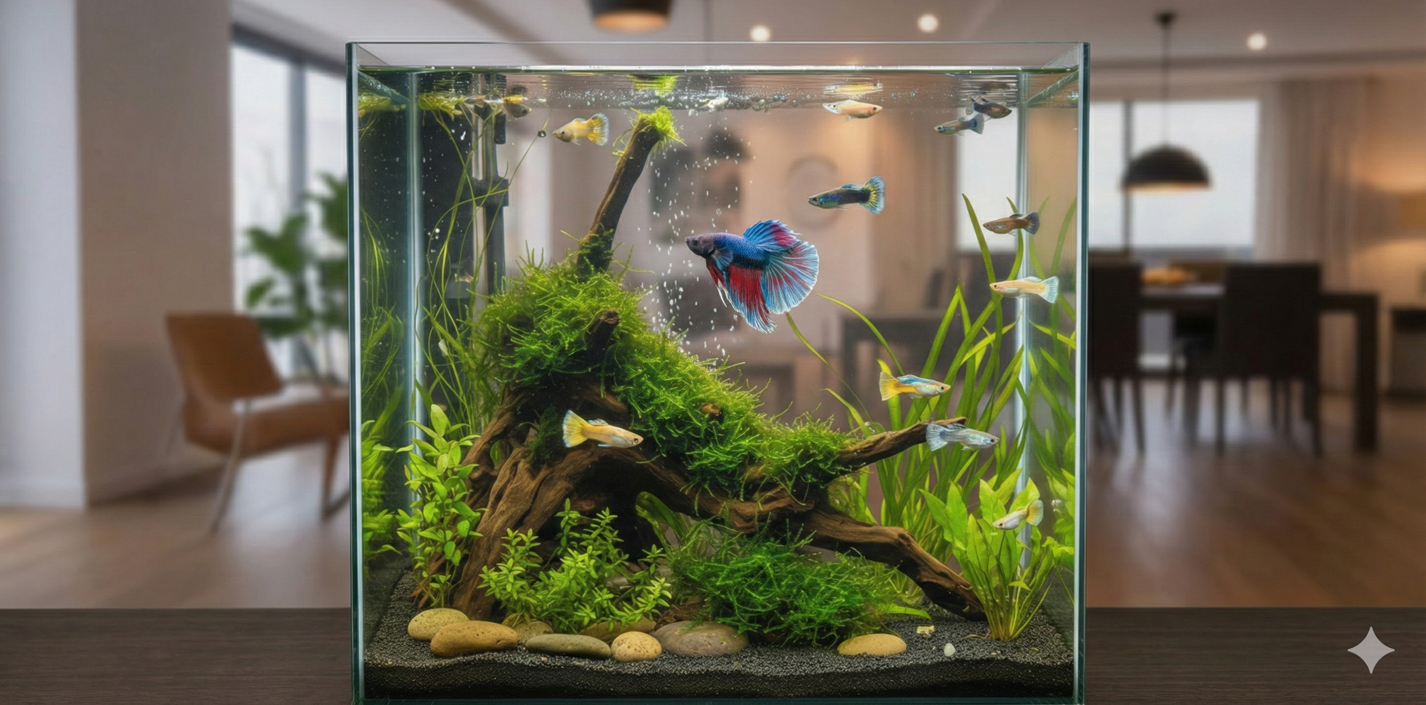 Planted freshwater aquarium sitting on a dark surface. The centerpiece is a vibrant Betta fish with a blue body and red fins, surrounded by several smaller, colorful guppies. The aquascape features a prominent piece of driftwood covered in green moss, tall aquatic grass in the background, and small leafy plants on a dark gravel substrate with smooth stones. The background shows a blurred, modern living room with warm lighting.