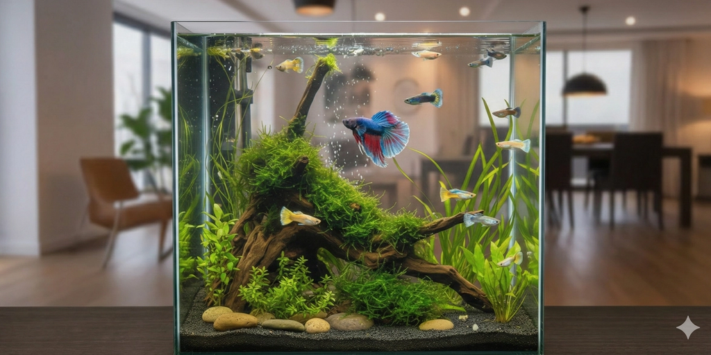 Planted freshwater aquarium sitting on a dark surface. The centerpiece is a vibrant Betta fish with a blue body and red fins, surrounded by several smaller, colorful guppies. The aquascape features a prominent piece of driftwood covered in green moss, tall aquatic grass in the background, and small leafy plants on a dark gravel substrate with smooth stones. The background shows a blurred, modern living room with warm lighting.