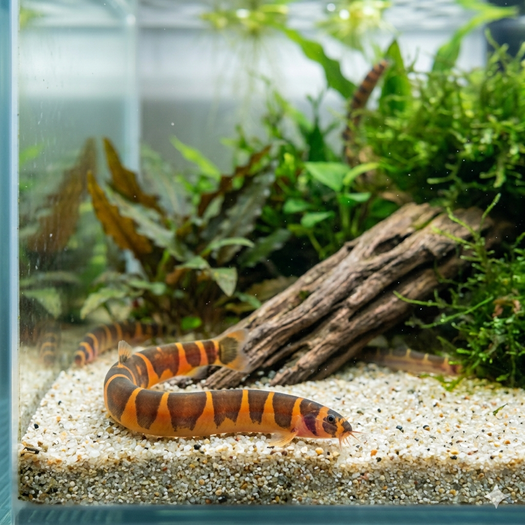 A wide panoramic photograph of a planted aquarium floor, with a Kuhli loach resting on fine sand amidst driftwood, leaf litter, and a vast array of aquatic plants.
