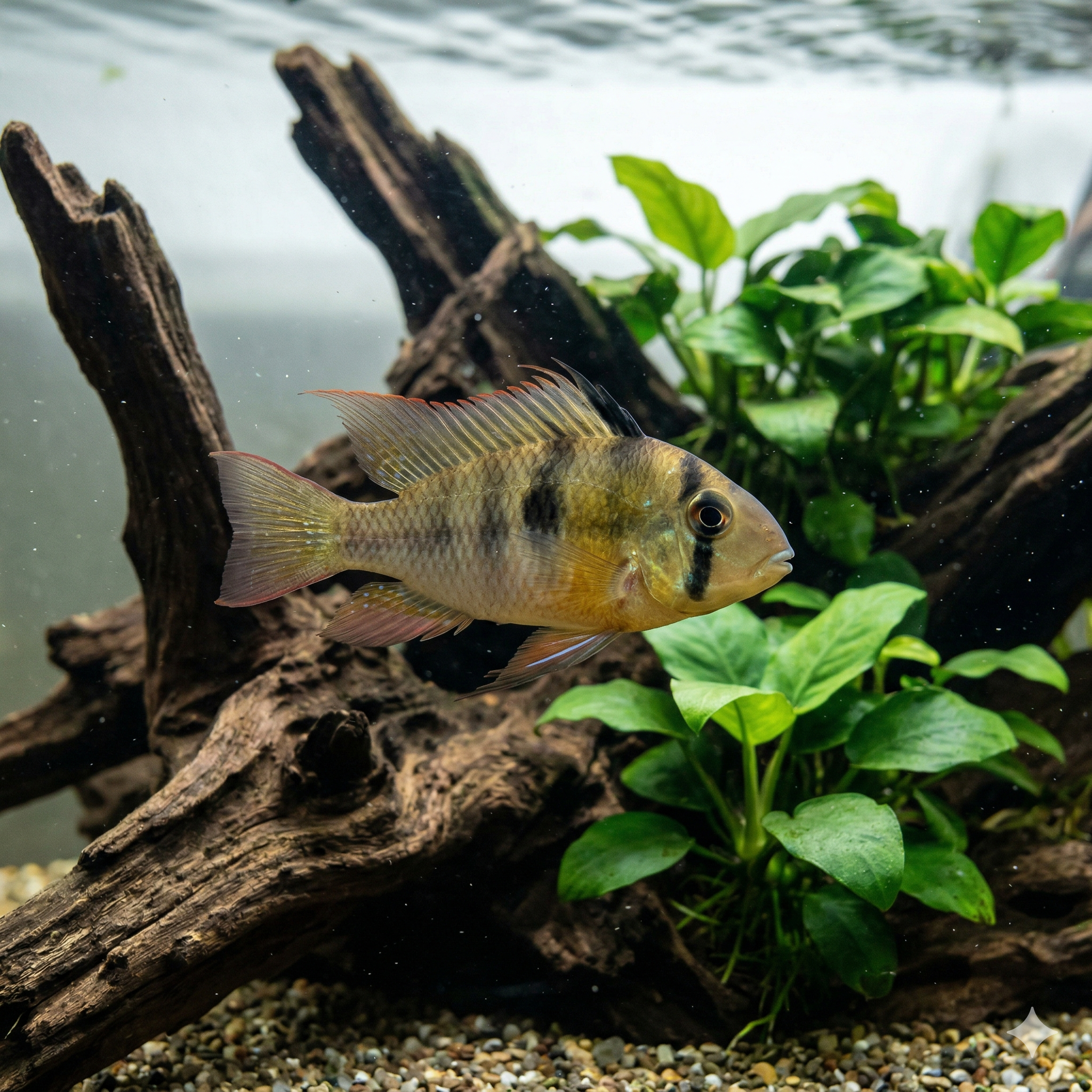 A wide panoramic underwater photograph taken in an extensive planted freshwater aquarium. The scene, matching the environment and earth tones of Image 1, features a larger dynamic group of Bolivian ram cichlids swimming across an expansive aquascape of sprawling dark driftwood structures, vast clusters of various aquatic plants, and scattered river stones. The water is pristine, showing dapple lighting and subtle movement.