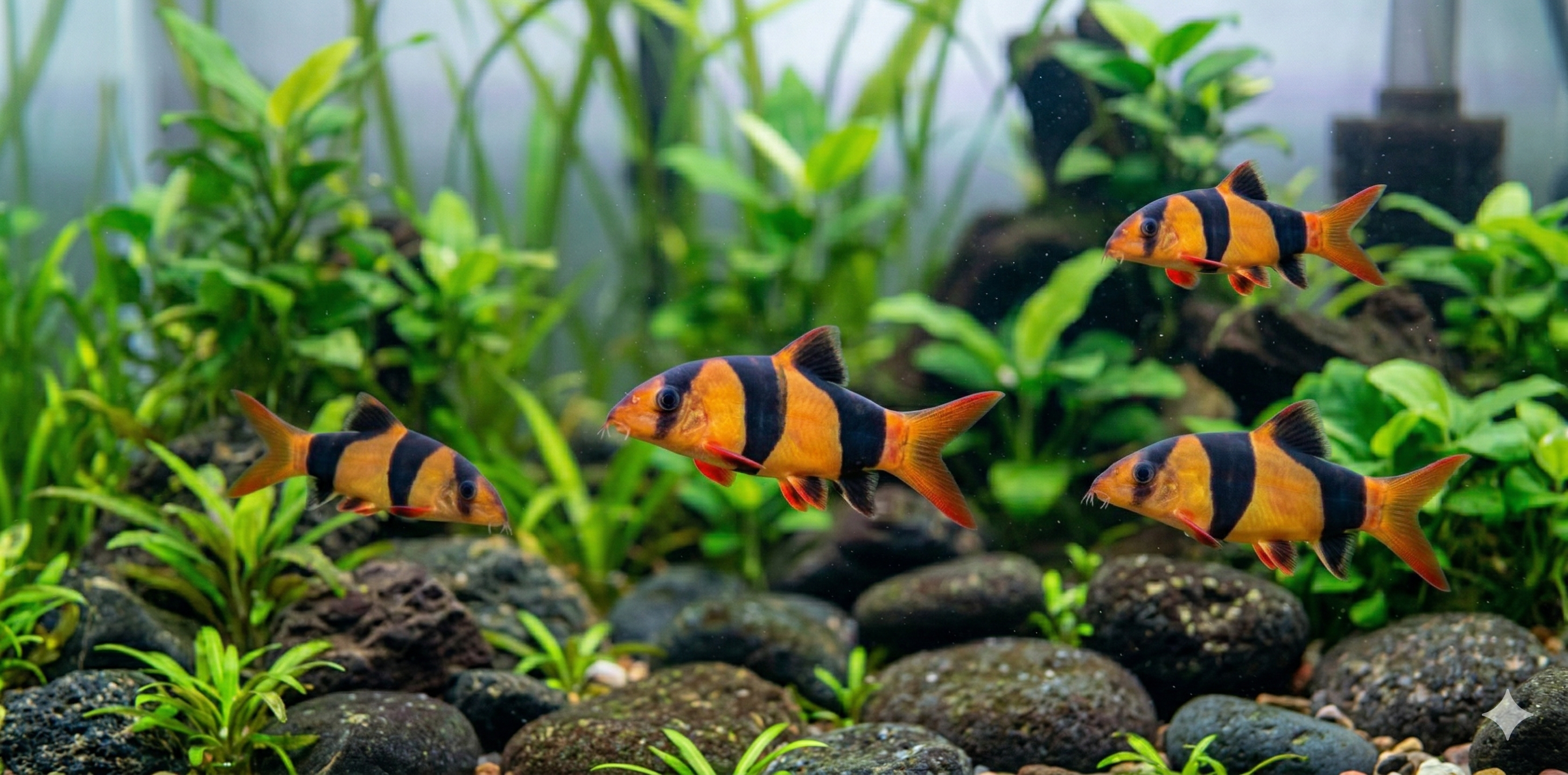 A wide-angle panoramic photograph of a planted freshwater aquarium floor, as seen in Image 1 but expanded horizontally. A dynamic small school of three adult Clown loaches, identical to the fish in Image 1 and Image 2 with their orange and black stripes, swim together from right to left across the sprawling aquascape. Intricate river rocks and dense clusters of green aquatic plants fill the frame.