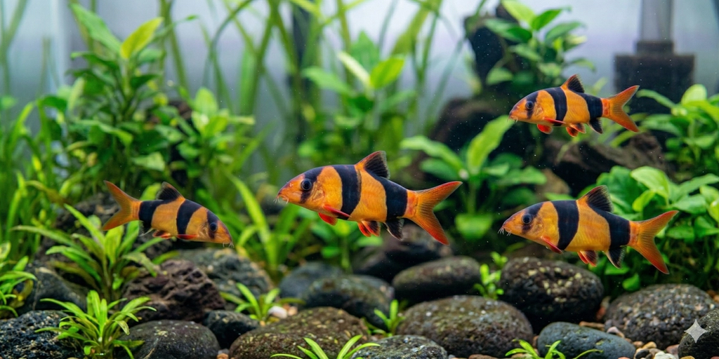 A wide-angle panoramic photograph of a planted freshwater aquarium floor, as seen in Image 1 but expanded horizontally. A dynamic small school of three adult Clown loaches, identical to the fish in Image 1 and Image 2 with their orange and black stripes, swim together from right to left across the sprawling aquascape. Intricate river rocks and dense clusters of green aquatic plants fill the frame.