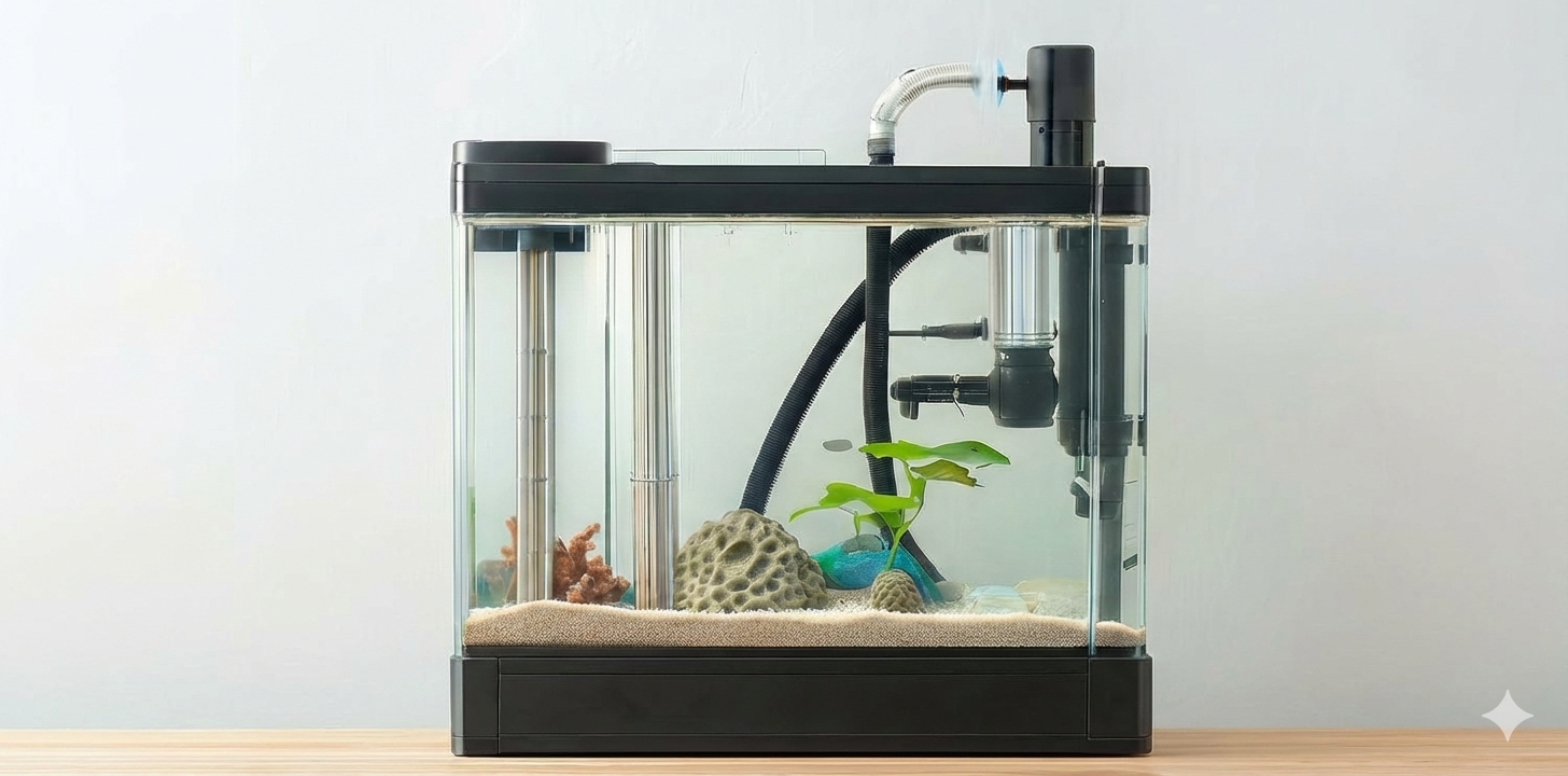 A wide, panoramic shot of a modern, high-tech freshwater aquarium setup that fills the majority of the frame. The tank sits on a wooden surface against a clean white background and features clear glass, sand substrate, porous rocks, live plants, and sophisticated filtration equipment including stainless steel pipes and tubing.
