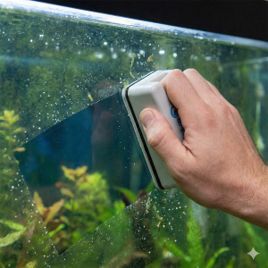 A wide-angle photograph of a freshwater aquarium being cleaned. One hand uses a gravel vacuum to remove debris from the substrate, while another hand uses a magnetic scraper to clean algae from the front glass, creating a clean path. A bottle of liquid algae control treatment is placed next to the tank.