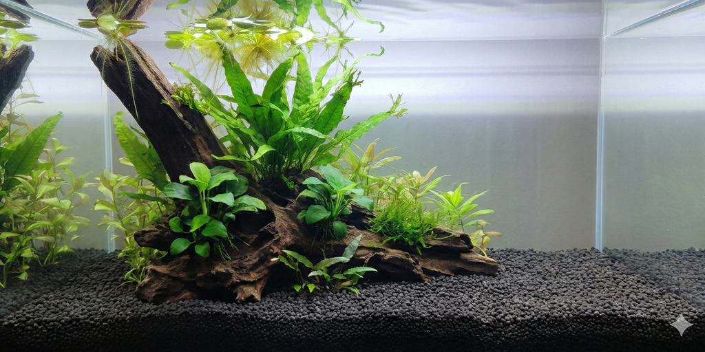 A wide, seamless panoramic background image of a planted aquarium aquascape featuring a large piece of driftwood covered in Anubias and Java Fern, surrounded by various green aquatic plants and floating plants. The substrate is dark gravel. The water column is clear, with no fish or equipment visible.