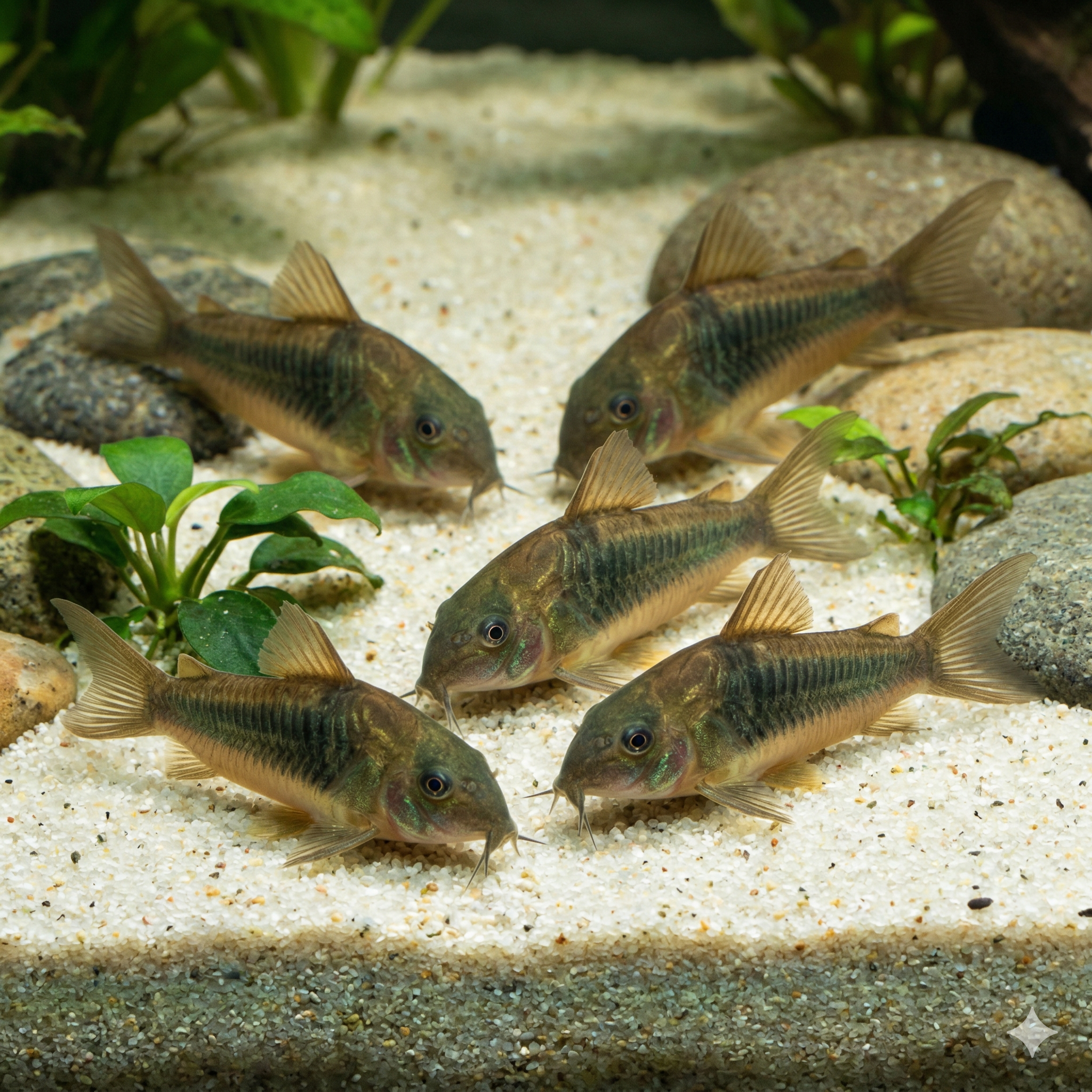 A wide cinematic 2:1 photograph of an expansive aquarium bottom. A large formation of larger river rocks and a substantial piece of natural driftwood dominate the scene. Below, a cluster of about fifteen Bronze Corydoras (Corydoras aeneus) sift through fine sand, their metallic bronze and greenish-brown color visible.