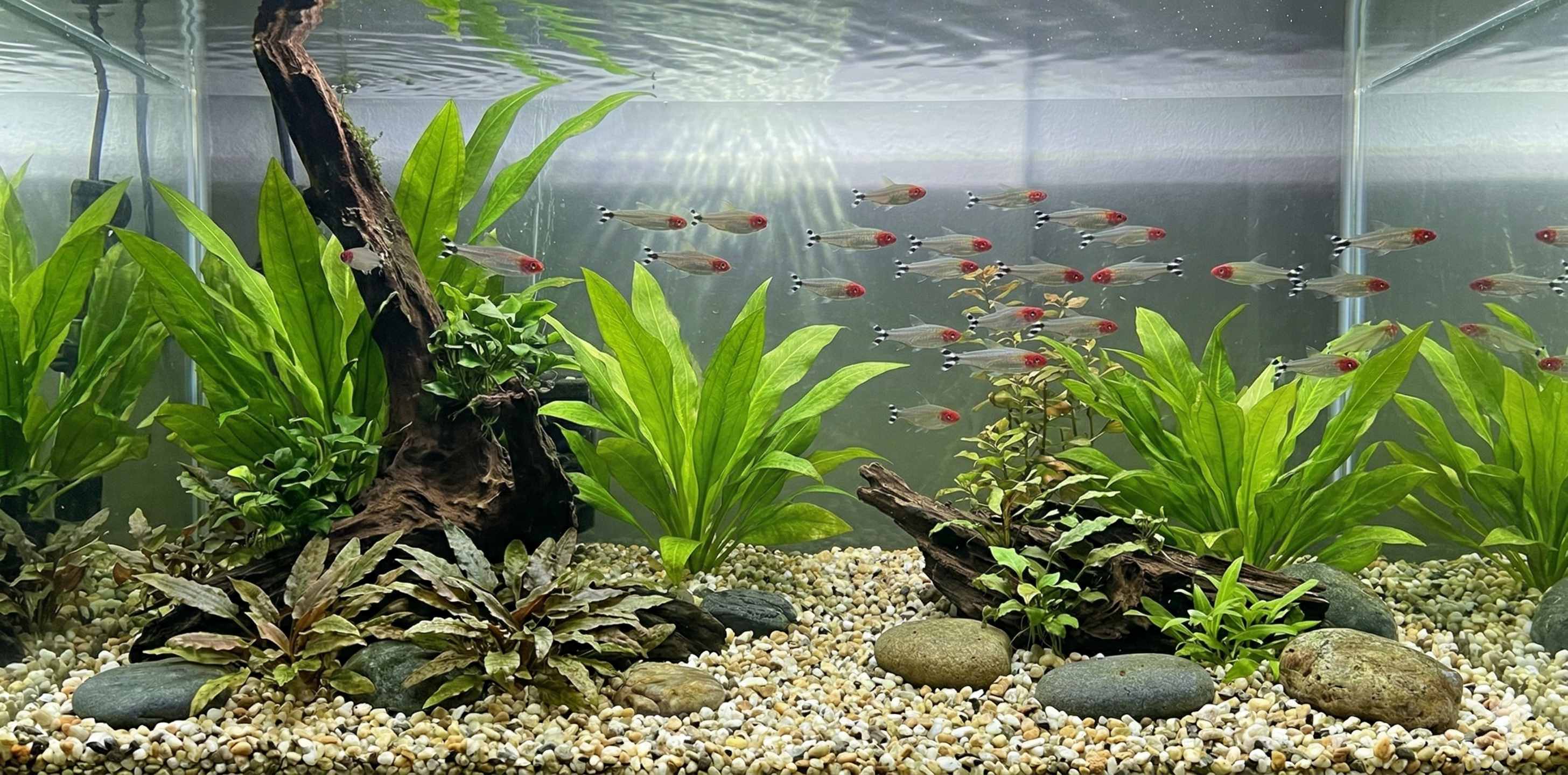 A wide panoramic underwater photograph of an expansive planted aquarium floor, featuring a large school of Rummy-nose tetras.