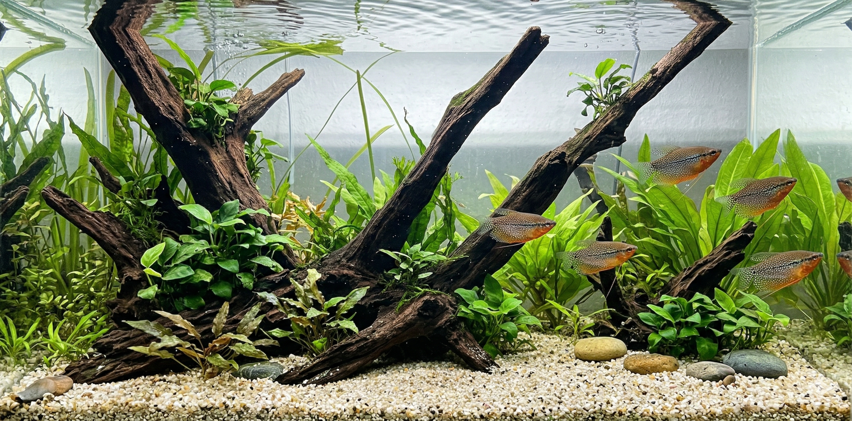 A wide panoramic underwater photograph taken in a large planted freshwater aquarium, showing a much larger cohesive school of identical male Pearl gouramis with the specific spot mosaic and orange breast swimming dynamically across the sprawling aquascape of extended driftwood, large river stones, and expansive clusters of various aquatic plants, maintaining the same visual style and fish pattern.