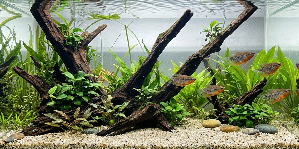 A wide panoramic underwater photograph taken in a large planted freshwater aquarium, showing a much larger cohesive school of identical male Pearl gouramis with the specific spot mosaic and orange breast swimming dynamically across the sprawling aquascape of extended driftwood, large river stones, and expansive clusters of various aquatic plants, maintaining the same visual style and fish pattern.