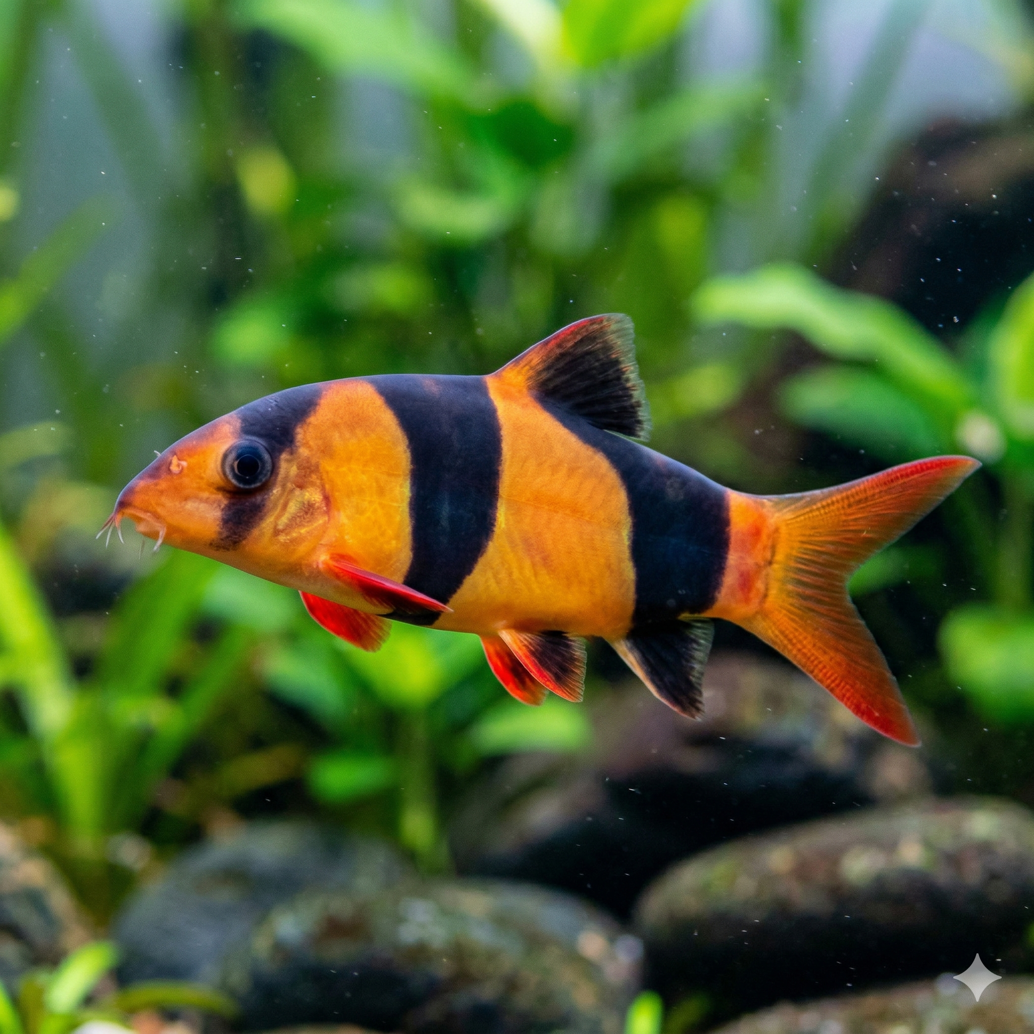 A wide-angle panoramic photograph of a planted freshwater aquarium floor, as seen in Image 1 but expanded horizontally. A dynamic small school of three adult Clown loaches, identical to the fish in Image 1 and Image 2 with their orange and black stripes, swim together from right to left across the sprawling aquascape. Intricate river rocks and dense clusters of green aquatic plants fill the frame.