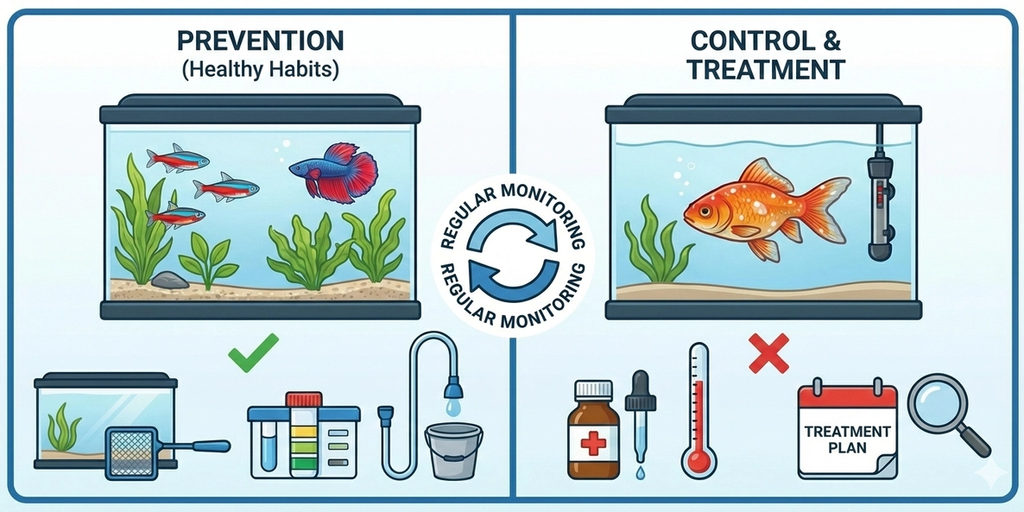 Wide infographic illustrating aquarium disease prevention and control. The left panel, "PREVENTION (Healthy Habits)", displays a healthy aquarium, a quarantine tank, a test kit, and water changing tools. The right panel, "CONTROL & TREATMENT", shows a sick goldfish in a hospital tank with a heater, medicine, a thermometer, a magnifying glass, and a treatment plan. A central "REGULAR MONITORING" cycle connects the two panels.