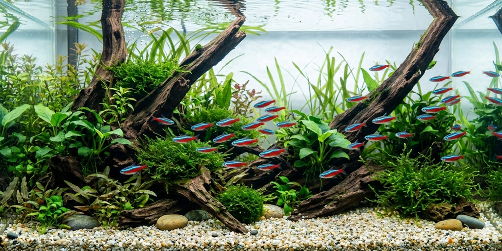 A wide panoramic 2:1 photograph taken underwater in a large planted freshwater aquarium, showing a much larger cohesive school of Cardinal tetras swimming dynamically across the sprawling aquascape of extended driftwood, large river stones, and expansive clusters of various aquatic plants