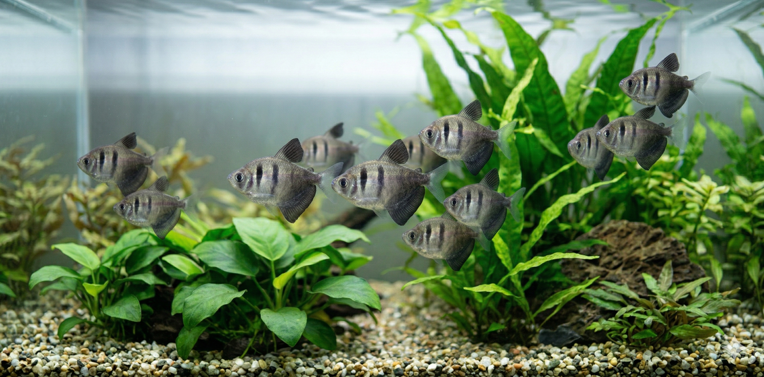 A wide panoramic underwater photograph showing an expansive aquascape with a larger school of Black skirt tetras.