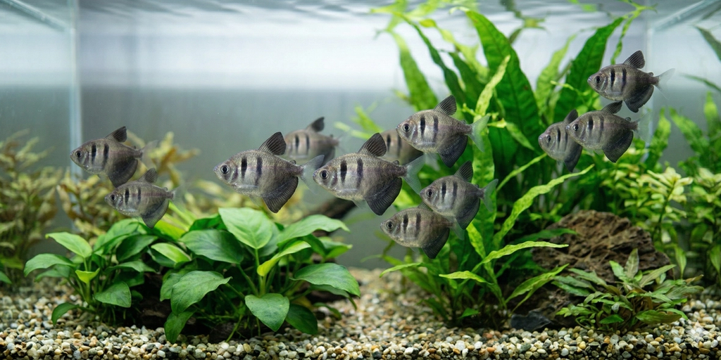 A wide panoramic underwater photograph showing an expansive aquascape with a larger school of Black skirt tetras.