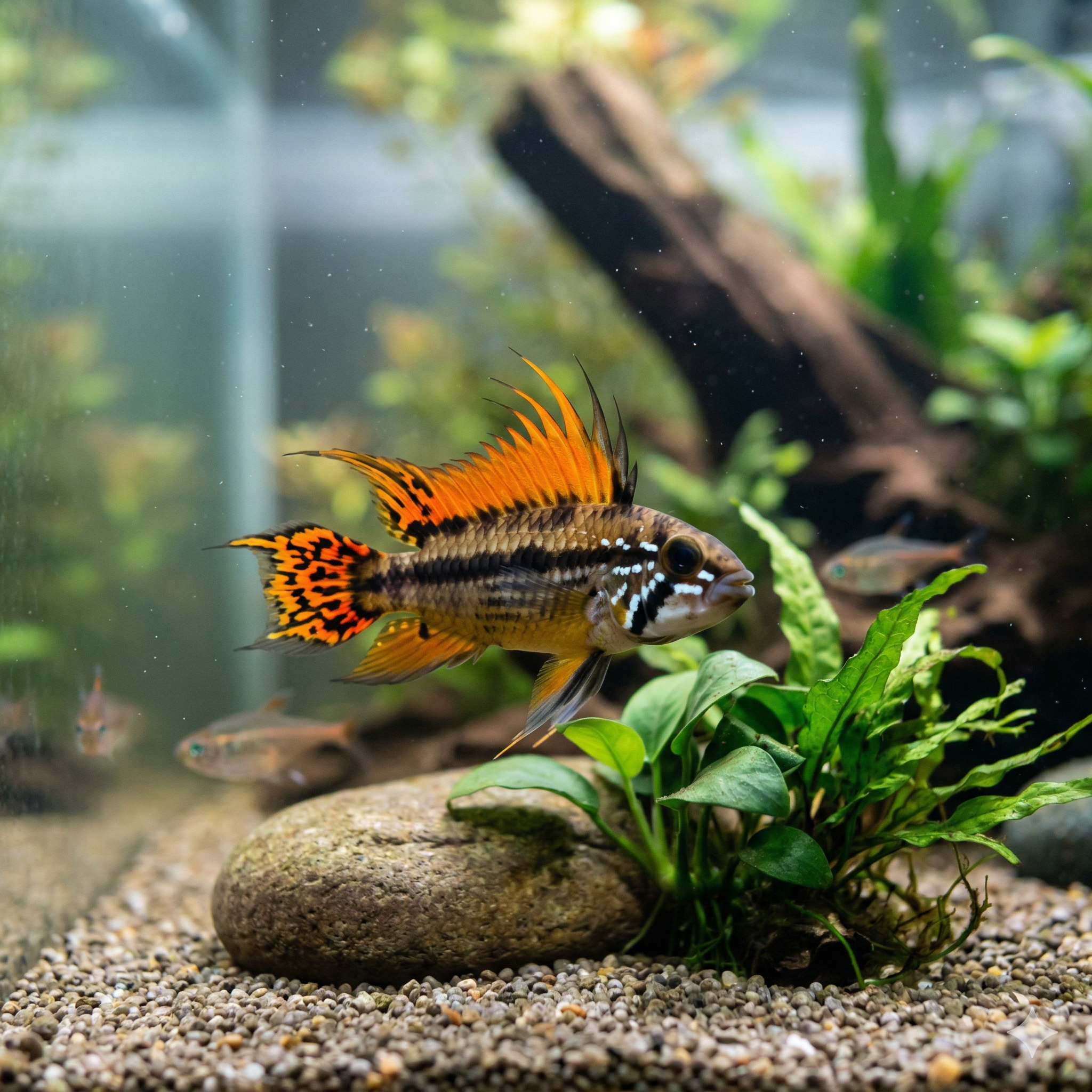 This is a detailed close-up of a male Apistogramma cacatuoides (also known as the Cockatoo Dwarf Cichlid) in a realistic planted aquarium. It shows the fish's distinct orange and black dorsal fin extensions, the black and white stripes on its face, and its unique tail pattern.
