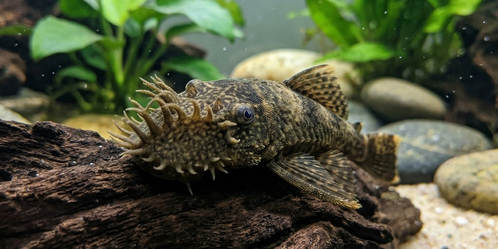 A wide panoramic underwater photograph in a 2:1 ratio, based on the aquarium setting from image_24.png. It features the same adult male Bristlenose Pleco (Ancistrus sp.)