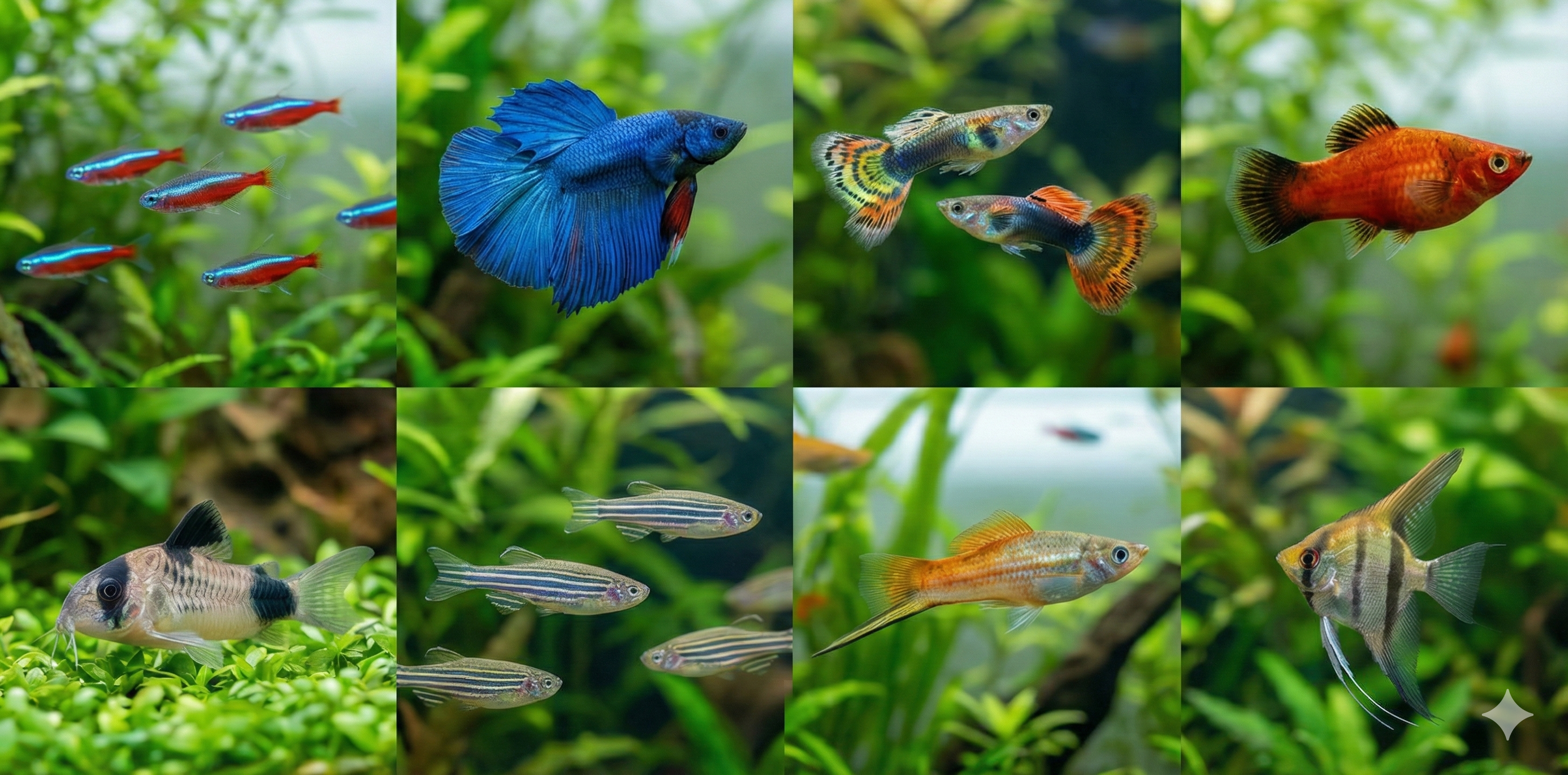 A square 3x3 grid montage showing nine popular beginner aquarium fish in planted tanks: Neon Tetras, a Betta, Guppies, a Platy, a Corydoras, Zebra Danios, a Swordtail, a Cherry Barb, and an Angelfish.