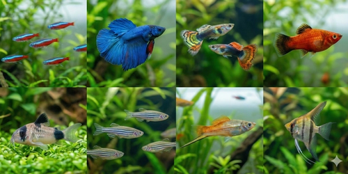 A square 3x3 grid montage showing nine popular beginner aquarium fish in planted tanks: Neon Tetras, a Betta, Guppies, a Platy, a Corydoras, Zebra Danios, a Swordtail, a Cherry Barb, and an Angelfish.