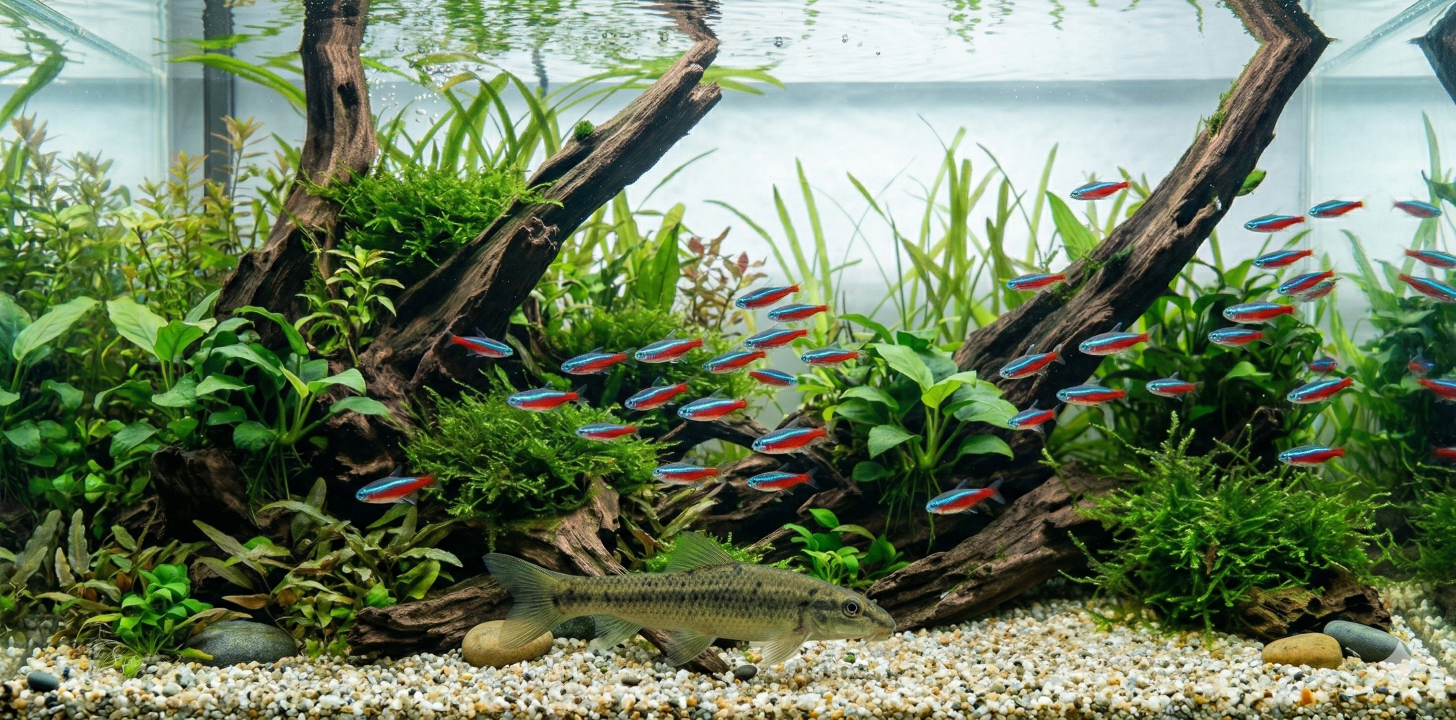 A wide panoramic photograph of a planted aquarium floor, with a single mottled Chinese algae eater (identical to the fish in image_133.png) moving across fine gravel substrate amidst extensive driftwood, large river stones, and dense aquatic plants.