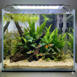 A wide-angle photograph of a 20-liter nano aquarium containing 6 vibrant male Endler's Livebearers (Poecilia wingei) schooling amongst driftwood and lush green aquatic plants like Anubias and Java Fern. The tank has a light sand substrate and is lit by an LED fixture. A filter and heater are visible in the background.