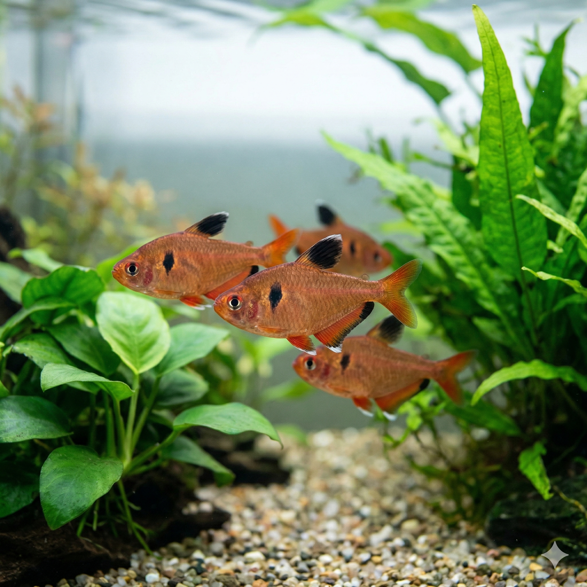 A wide panoramic underwater photograph showing an expansive planted aquarium floor, featuring a large school of Serpae tetras.