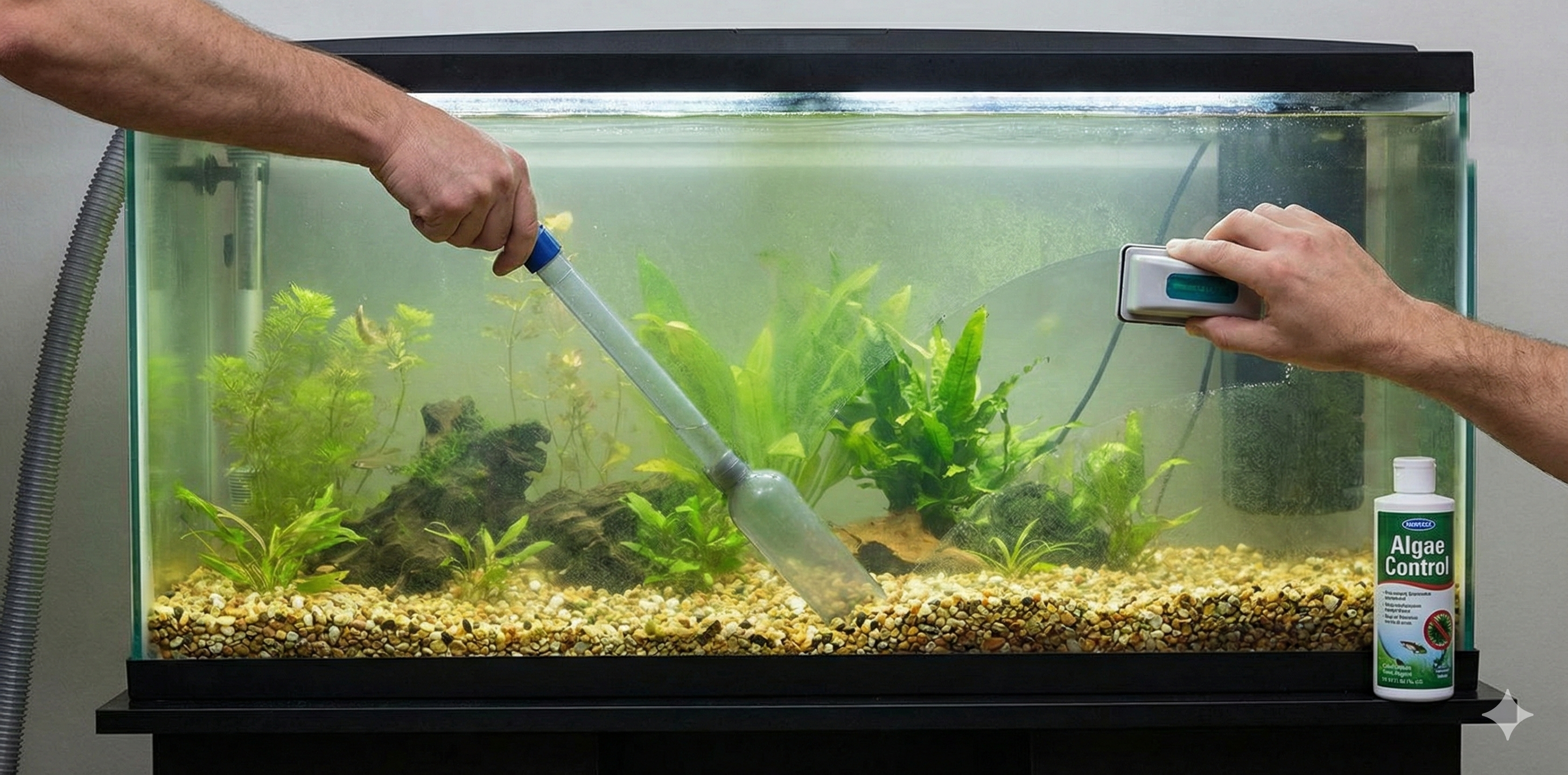 A wide-angle photograph of a freshwater aquarium being cleaned. One hand uses a gravel vacuum to remove debris from the substrate, while another hand uses a magnetic scraper to clean algae from the front glass, creating a clean path. A bottle of liquid algae control treatment is placed next to the tank.