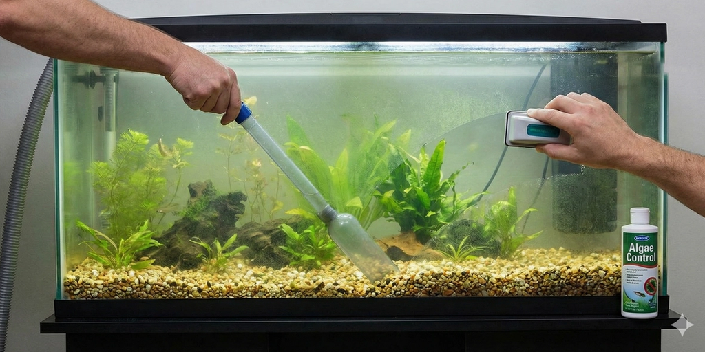 A wide-angle photograph of a freshwater aquarium being cleaned. One hand uses a gravel vacuum to remove debris from the substrate, while another hand uses a magnetic scraper to clean algae from the front glass, creating a clean path. A bottle of liquid algae control treatment is placed next to the tank.