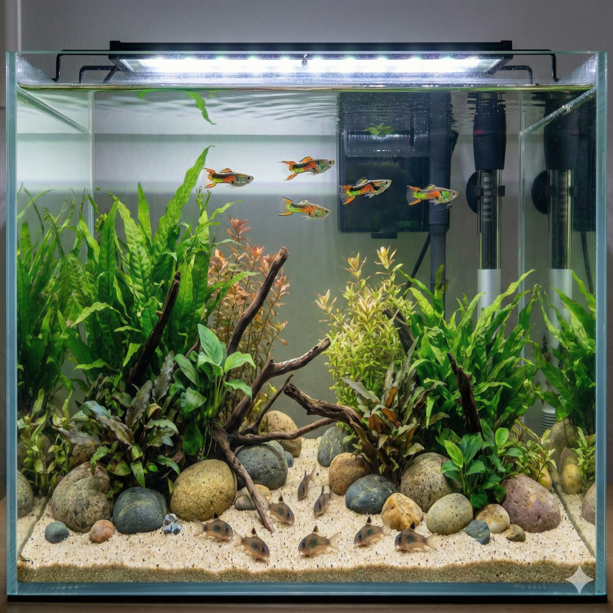 A wide-angle photograph of a 60-liter nature aquarium. Six male Endler's Livebearers swim in the mid-water, while eight Pygmy Corydoras forage on the sand substrate among river stones and driftwood. The aquascape is densely planted with Java Fern, Anubias, and other plants. A filter and heater are visible in the background.