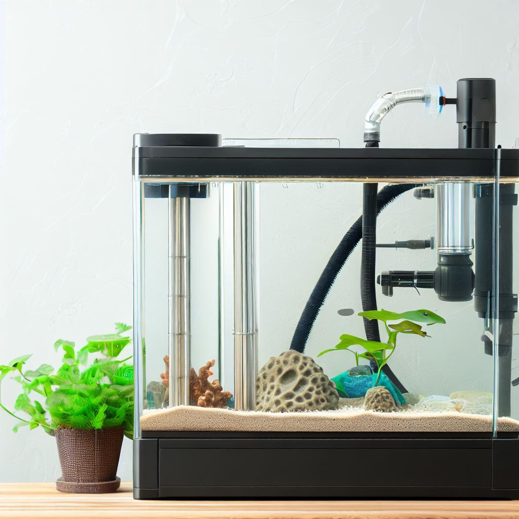 A wide, panoramic shot of a modern, high-tech freshwater aquarium setup that fills the majority of the frame. The tank sits on a wooden surface against a clean white background and features clear glass, sand substrate, porous rocks, live plants, and sophisticated filtration equipment including stainless steel pipes and tubing.