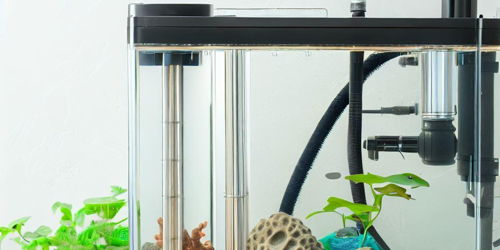 A wide, panoramic shot of a modern, high-tech freshwater aquarium setup that fills the majority of the frame. The tank sits on a wooden surface against a clean white background and features clear glass, sand substrate, porous rocks, live plants, and sophisticated filtration equipment including stainless steel pipes and tubing.