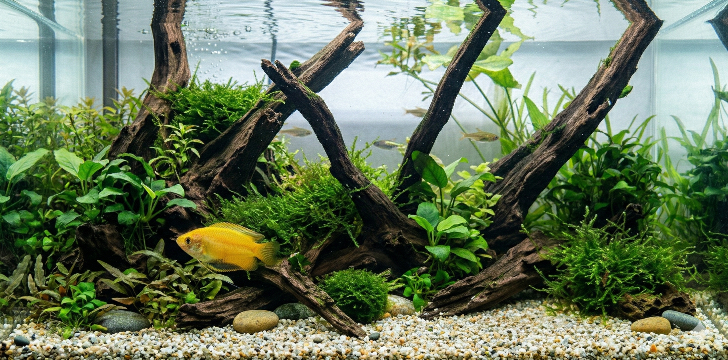 A panoramic underwater photograph of an expansive planted aquarium floor, featuring the identical male Honey gourami from Image 1 with its dark stripe swimming left.