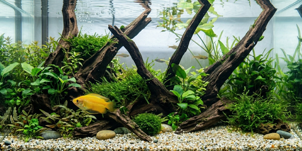 A panoramic underwater photograph of an expansive planted aquarium floor, featuring the identical male Honey gourami from Image 1 with its dark stripe swimming left.