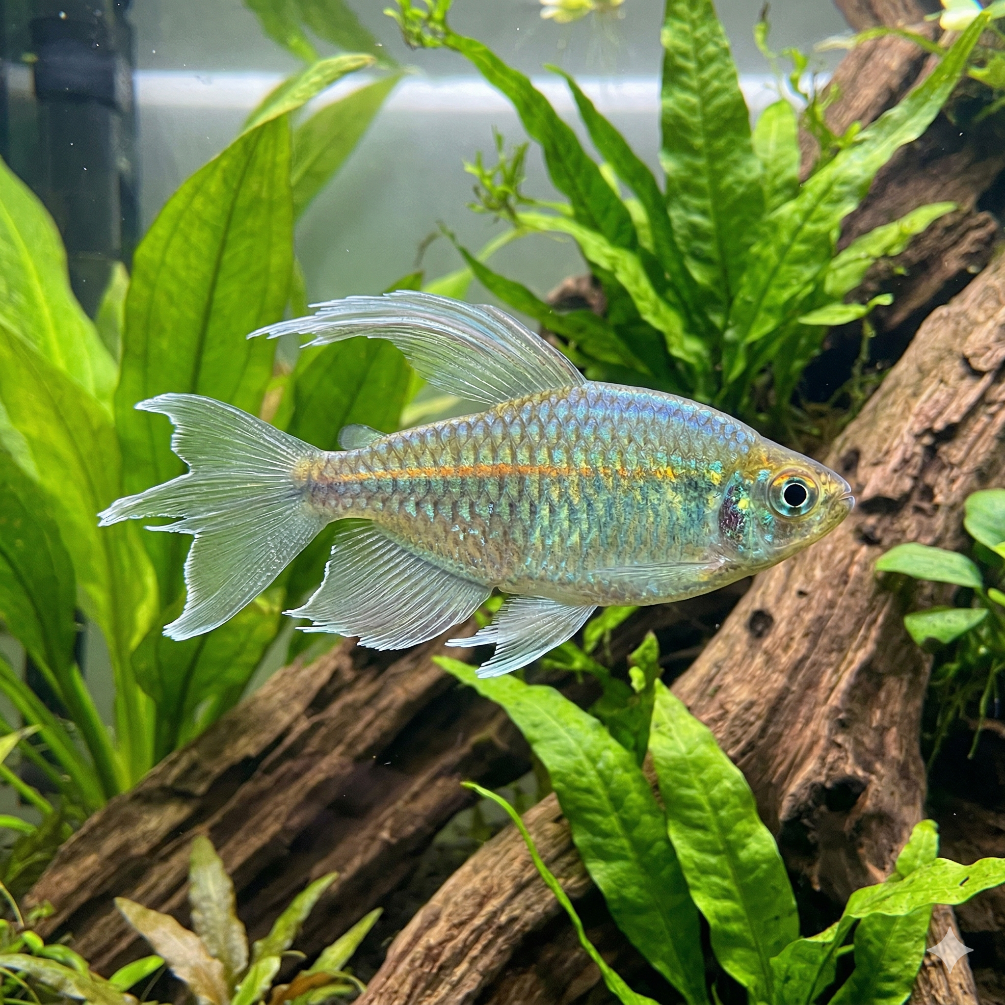A wide, cinematic panoramic photograph of a realistic well-planted freshwater aquarium, featuring the single male Congo Tetra (Phenacogrammus interruptus) at its center, with its shimmering iridescent scales and distinctive long fins, swimming towards the left in the clear water. The expansive aquascape with complex driftwood and a variety of aquatic plants is visible.