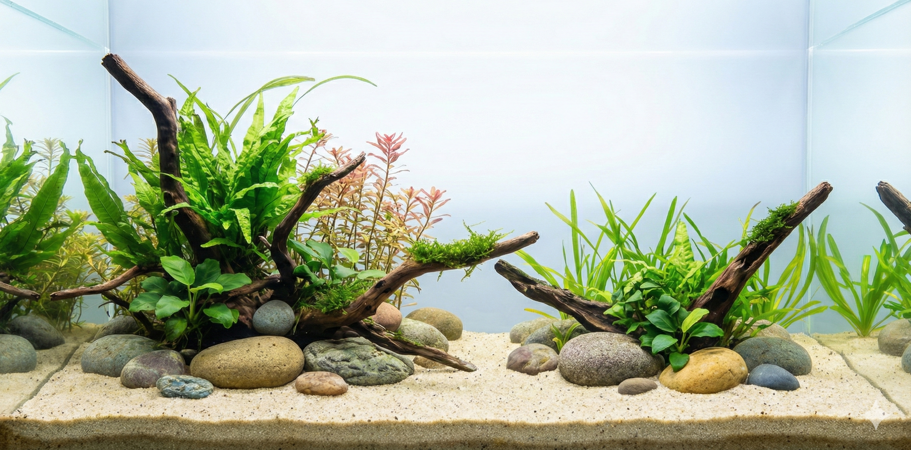 A wide, seamless panoramic background image of a planted aquarium aquascape. It features branching driftwood covered in moss and fern, surrounded by various green and red aquatic plants and a fine sand substrate with river stones. The water column is clear, with no fish or equipment visible.