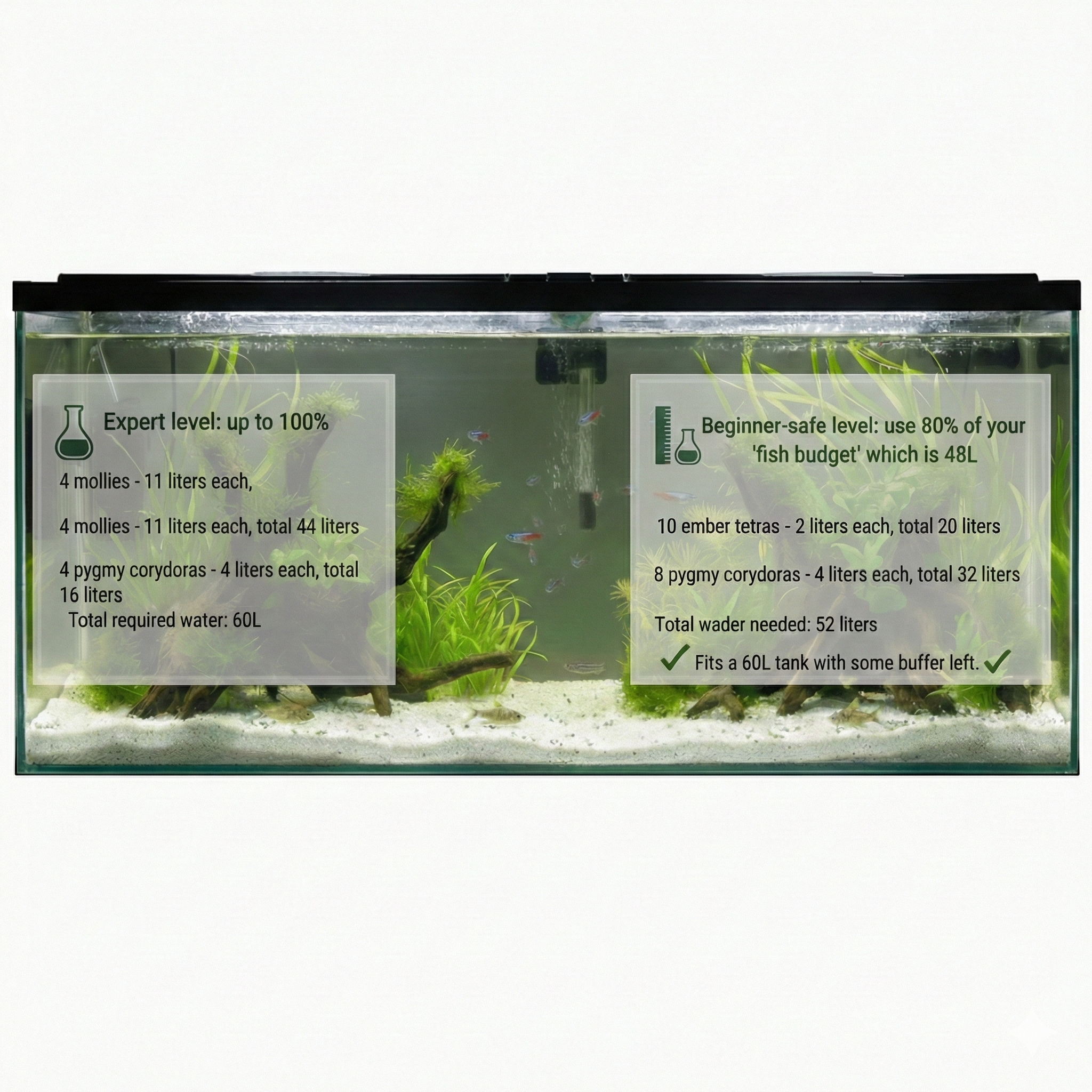 A photo of a planted aquarium with two semi-transparent text overlays. The left overlay, with a flask icon, is titled "Expert level: up to 100%" and lists "4 mollies - 11 liters each, 4 moll - 11 liters each, total 44 liters", "4 pygmy corydoras - 4 ta 16 liters", and "Total required water: 60L". The right overlay, with a measuring cup icon, is titled "Beginner-safe level: use 80% of your 'fish budget' will 48L" and lists "10 ember tetras - 2 liters each, total 20 liters", "8 pygmy corydoras - 4 ltech, total 32 liters", "Total wader needed: 52 liters", and "Fits a 60L tank with some buffer left." with a green checkmark. The tank contains aquatic plants, driftwood, gravel, and small fish.