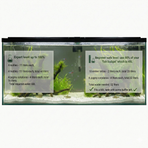 A photo of a planted aquarium with two semi-transparent text overlays. The left overlay, with a flask icon, is titled "Expert level: up to 100%" and lists "4 mollies - 11 liters each, 4 moll - 11 liters each, total 44 liters", "4 pygmy corydoras - 4 ta 16 liters", and "Total required water: 60L". The right overlay, with a measuring cup icon, is titled "Beginner-safe level: use 80% of your 'fish budget' will 48L" and lists "10 ember tetras - 2 liters each, total 20 liters", "8 pygmy corydoras - 4 ltech, total 32 liters", "Total wader needed: 52 liters", and "Fits a 60L tank with some buffer left." with a green checkmark. The tank contains aquatic plants, driftwood, gravel, and small fish.