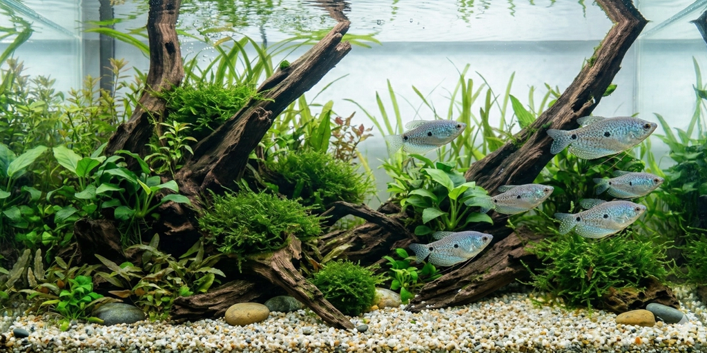 A wide panoramic photograph of a large planted aquarium, featuring a dynamic small school of Three-spot gouramis identical to the ones in Image 1, swimming dynamics across an intricate freshwater jungle aquascape of sprawling driftwood and vast aquatic plants, maintaining the identical visual look.