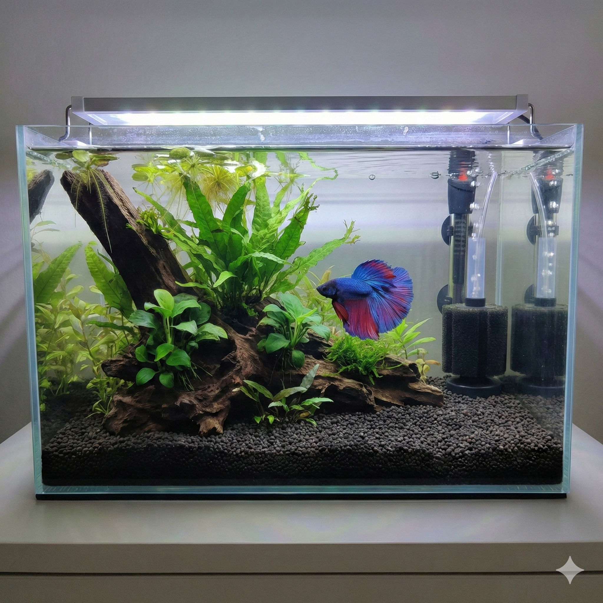 A wide-angle photograph of a 20-liter nano aquarium containing a single vibrant blue and red Betta fish swimming amongst a large piece of driftwood and lush green aquatic plants like Anubias and Java Fern. The tank has a dark gravel substrate and is lit by an LED fixture. A sponge filter and heater are visible in the background.