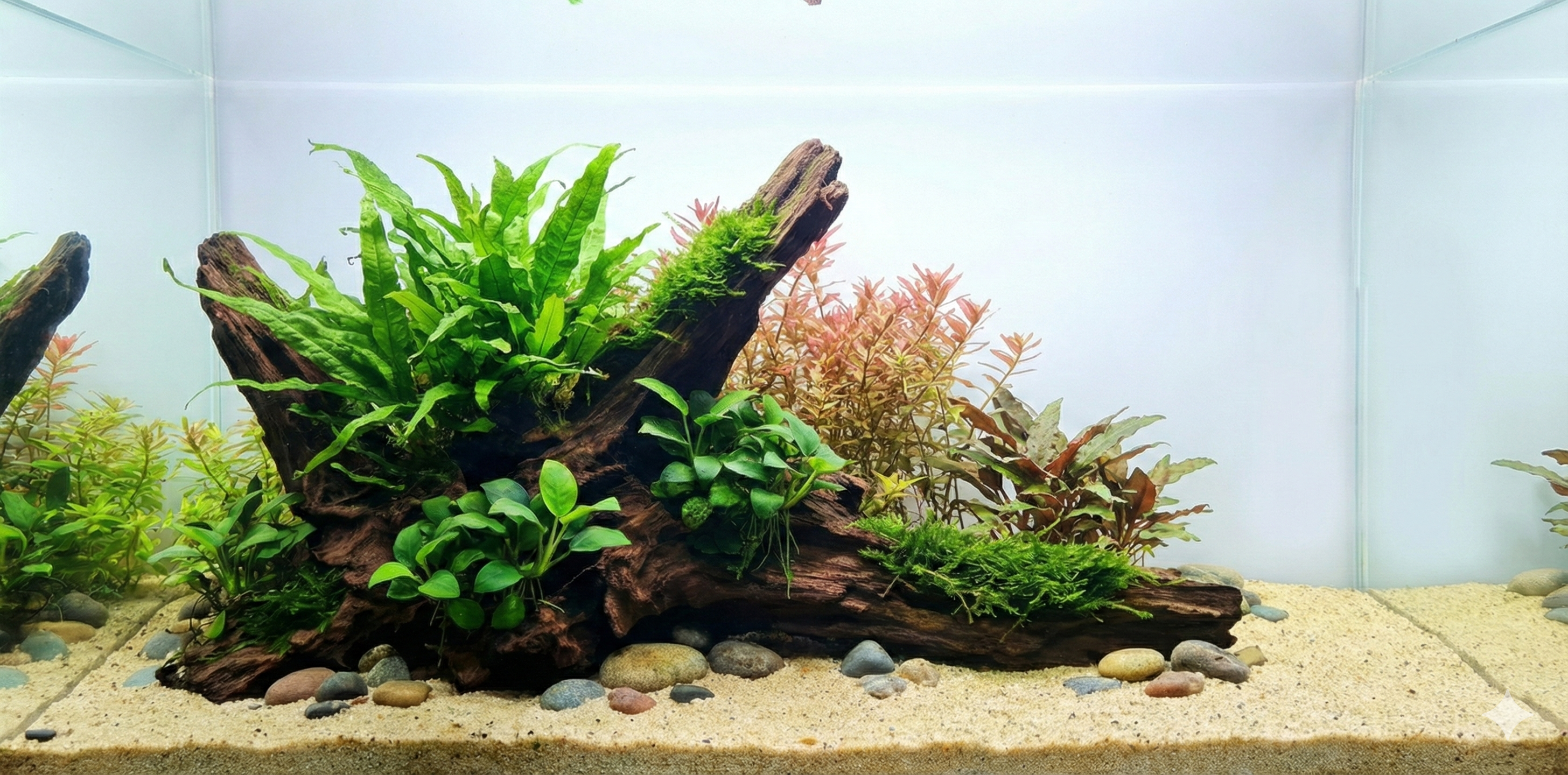 A wide, seamless panoramic background image of a planted aquarium aquascape. It features a large piece of driftwood covered in moss and fern, surrounded by various green and red aquatic plants and a sand substrate with river stones. The water column is clear, with no fish or equipment visible."