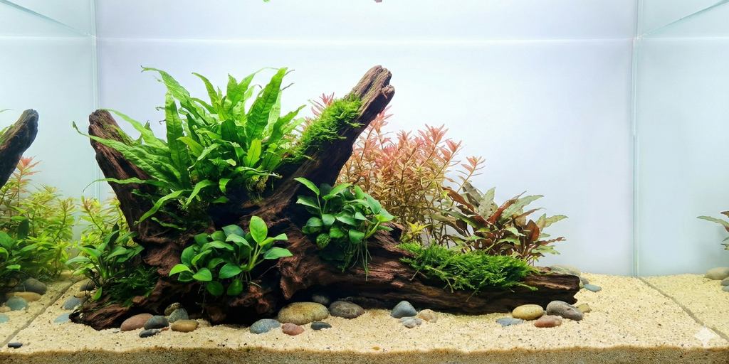 A wide, seamless panoramic background image of a planted aquarium aquascape. It features a large piece of driftwood covered in moss and fern, surrounded by various green and red aquatic plants and a sand substrate with river stones. The water column is clear, with no fish or equipment visible."