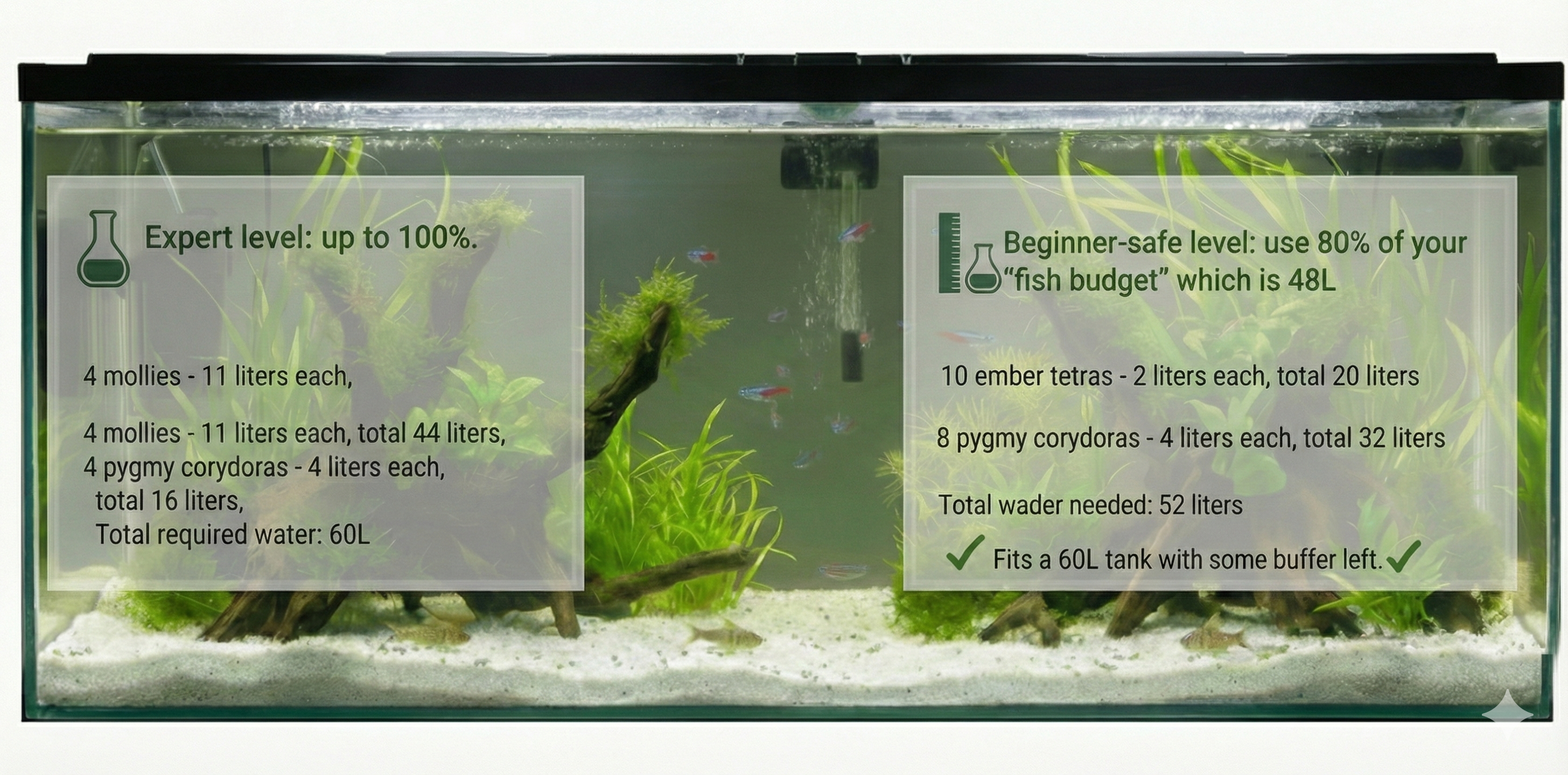 A photo of a planted aquarium with two semi-transparent text overlays. The left overlay, with a flask icon, is titled "Expert level: up to 100%" and lists "4 mollies - 11 liters each, 4 moll - 11 liters each, total 44 liters", "4 pygmy corydoras - 4 ta 16 liters", and "Total required water: 60L". The right overlay, with a measuring cup icon, is titled "Beginner-safe level: use 80% of your 'fish budget' will 48L" and lists "10 ember tetras - 2 liters each, total 20 liters", "8 pygmy corydoras - 4 ltech, total 32 liters", "Total wader needed: 52 liters", and "Fits a 60L tank with some buffer left." with a green checkmark. The tank contains aquatic plants, driftwood, gravel, and small fish.