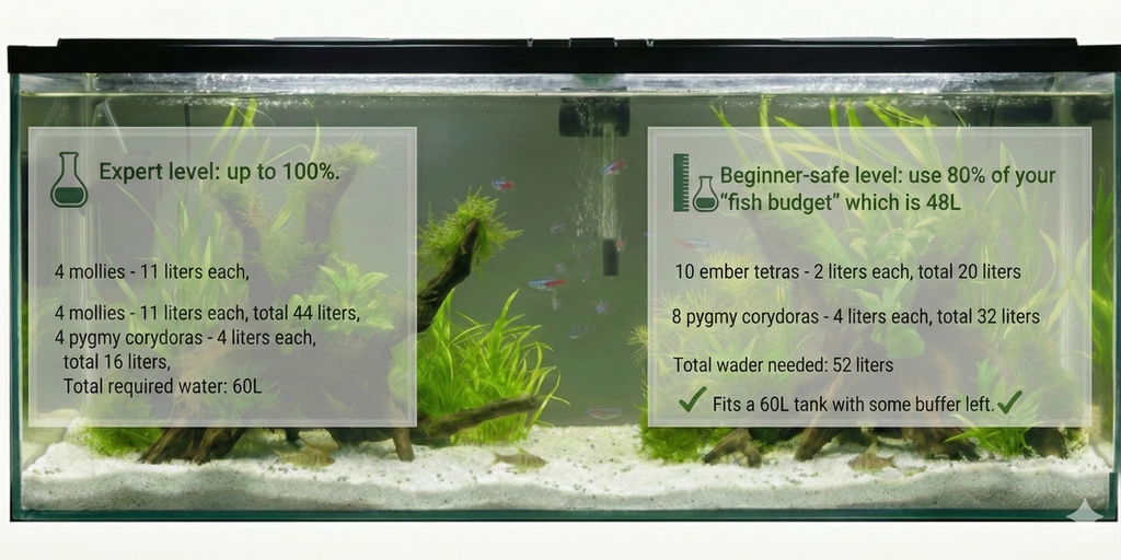 A photo of a planted aquarium with two semi-transparent text overlays. The left overlay, with a flask icon, is titled "Expert level: up to 100%" and lists "4 mollies - 11 liters each, 4 moll - 11 liters each, total 44 liters", "4 pygmy corydoras - 4 ta 16 liters", and "Total required water: 60L". The right overlay, with a measuring cup icon, is titled "Beginner-safe level: use 80% of your 'fish budget' will 48L" and lists "10 ember tetras - 2 liters each, total 20 liters", "8 pygmy corydoras - 4 ltech, total 32 liters", "Total wader needed: 52 liters", and "Fits a 60L tank with some buffer left." with a green checkmark. The tank contains aquatic plants, driftwood, gravel, and small fish.