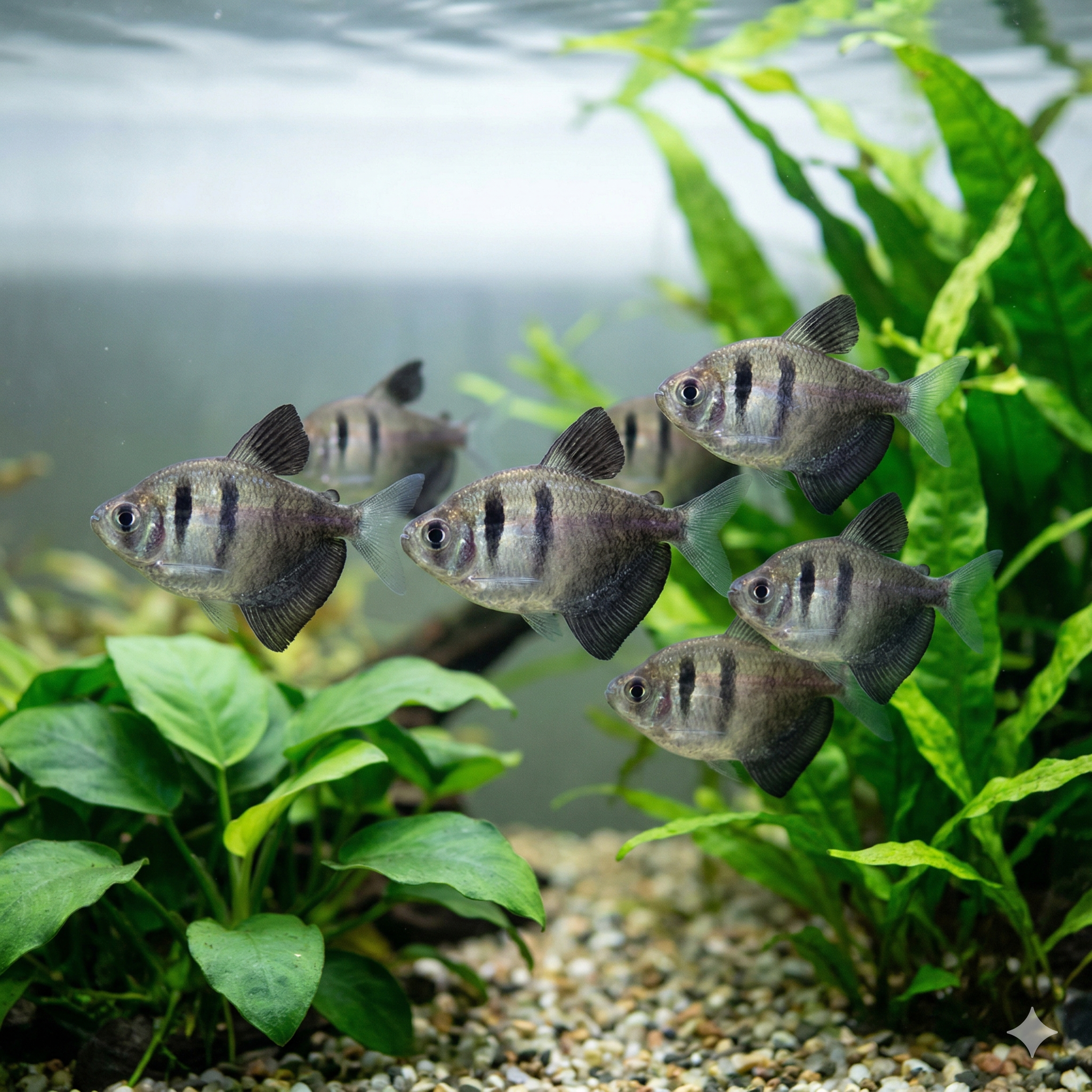 A wide panoramic underwater photograph showing an expansive aquascape with a larger school of Black skirt tetras.