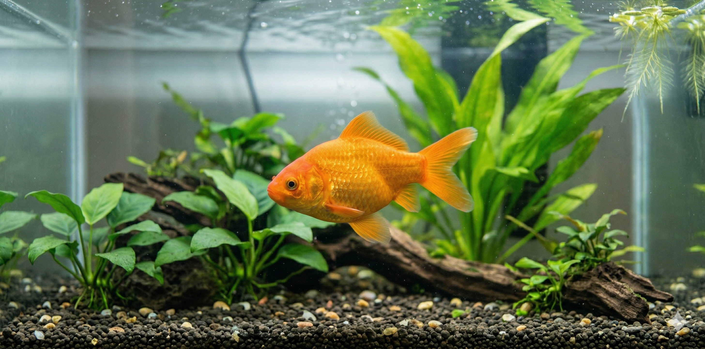 A wide panoramic photograph featuring the identical orange common goldfish from the square profile, swimming in the same well-lit aquarium. The wider frame reveals more of the lush green aquatic plants and the dark gravel substrate.