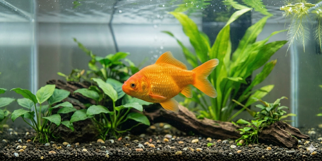 A wide panoramic photograph featuring the identical orange common goldfish from the square profile, swimming in the same well-lit aquarium. The wider frame reveals more of the lush green aquatic plants and the dark gravel substrate.