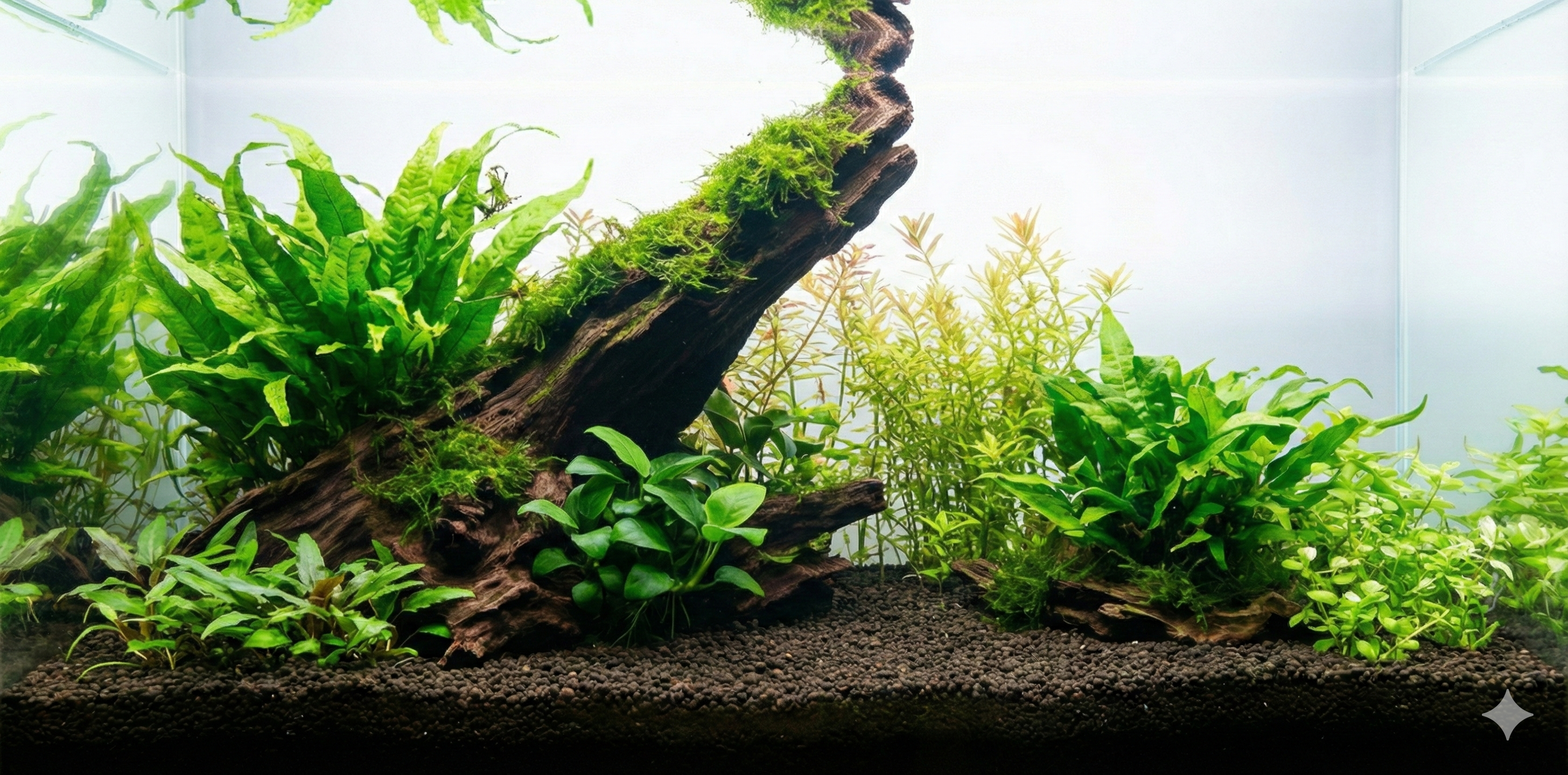 A wide, seamless panoramic background image of a planted aquarium aquascape featuring a large piece of driftwood covered in green moss, surrounded by various green aquatic plants and dark soil substrate. The water column is clear, with no fish or equipment visible.